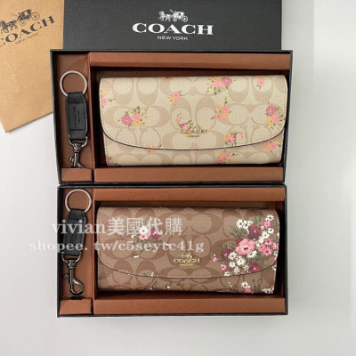 vivian美國代購✨正品 coach翻蓋信封長夾 長款錢包 F29395 禮盒套裝配鑰匙扣 女生長夾 女生錢包 女皮包