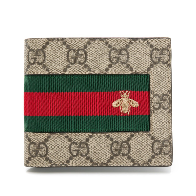【GUCCI 古馳】 GUCCI Ophidia Supreme 紅綠條紋刺繡蜜蜂老花織帶對開短夾 [老花/蜜蜂]