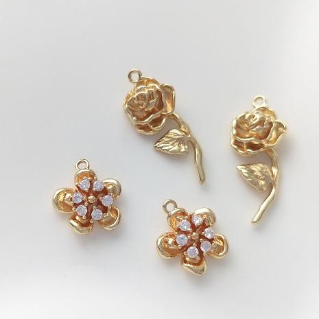 宏雲Hongyun-Ala-0801－－－14K包金保色鋯石花帶枝葉玫瑰花吊墜手工耳環項鏈手鏈diy飾品掛件