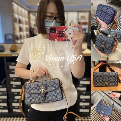vivian美國代購✨正品coach 女生香布雷帆布款風琴包 酒神包 牛仔系 翻蓋包 單肩斜挎手提包 3693 女生包包