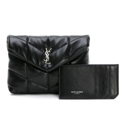 【YSL 聖羅蘭】 YSL LOULOU羊皮山形紋澎澎手袋附卡套 (黑銀) __DVSHOP 保證正貨 台灣現貨不用等