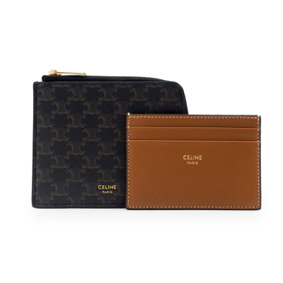 【CELINE 思琳】CELINE TRIOMPHE帆布及羊皮拉鍊銀包連可拆除卡片套 (黃褐色) __ DVSHOP 保
