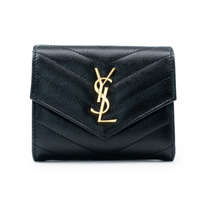 【YSL 聖羅蘭】 YSL 三折短夾 內含釦式全開零錢袋 (黑金) __DVSHOP 保證正貨 台灣現貨不用等