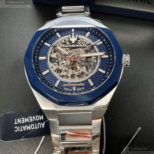 MASERATI手錶,編號R8823142004,46mm寶藍錶殼,銀色錶帶款