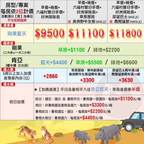 瑪利歐(新設施非洲探險島)關西六福莊~全台唯一動物生態飯店『各房型2~4人房住宿早晚餐+雙日門票+館內活動』9300元起