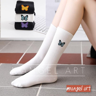 [mangel art] 日系蝴蝶刺繡中筒襪 小腿肚小腿襪中長襪子純棉彈性襪舒適少女襪運動風自然風質感潮流行街頭風滑板