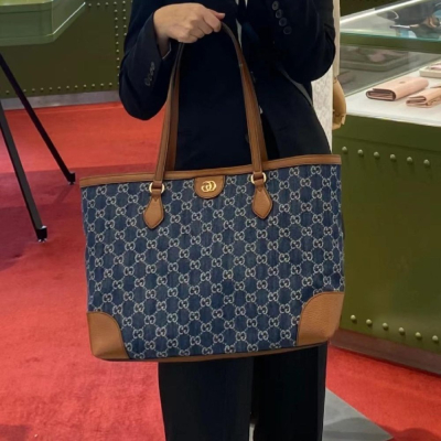 二手99新Gucci古馳女包藍色牛仔丹寧中號手提托特包購物袋單肩包631685
