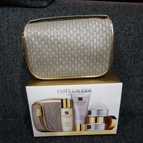 ESTEE LAUDER Cosmetic Bag 雅詩蘭黛化妝包 灰色金邊 手提小包 化妝包 首飾包 拉鍊 零錢包