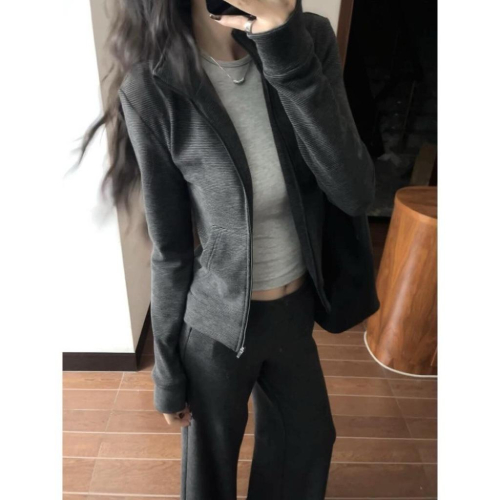 ??????｜韓系性感黑色時尚套裝女早秋季新款顯瘦修身上衣高腰休閒褲