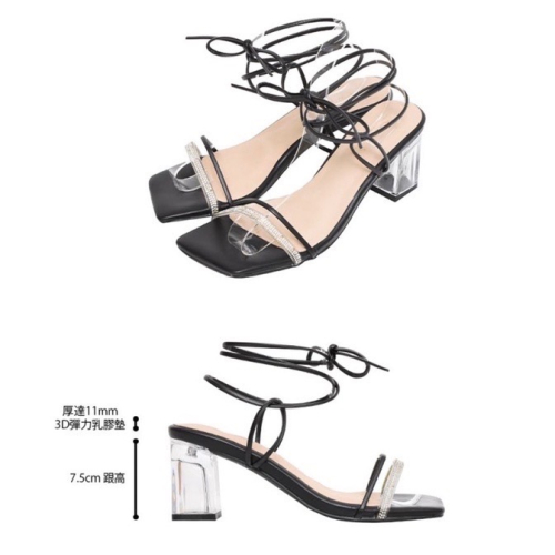 全新37號 Ann’S 透明碎鑽一字綁帶粗跟方頭涼鞋-黑