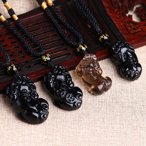 晶檔貔貅男女款項鏈項墜人造黑曜石 毛衣鏈佛珠吊墜飾品配飾禮物