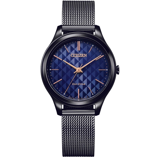CITIZEN星辰 LADY＇S 光動能菱格紋面米蘭錶帶-黑x藍32mm (EM0505-88L)