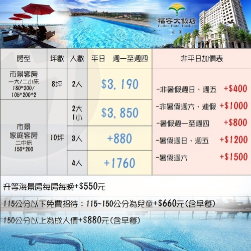 漫遊輕旅行(瑪利歐親子旅遊)花蓮．花蓮福容大飯店【各房型住宿+自助早餐+設施+無邊際泳池】可加價升等海景房