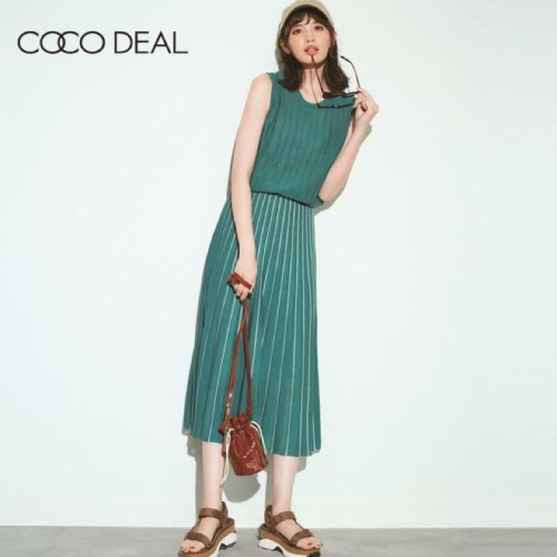 現貨 正品全新 Cocodeal 修身縮腰條紋針織無袖洋裝 綠
