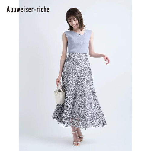（保留）Apuweiser-riche 三千金 精品柔美斜肩針織衫 鏤空全蕾絲裙 洋裝 set 粉藍2號