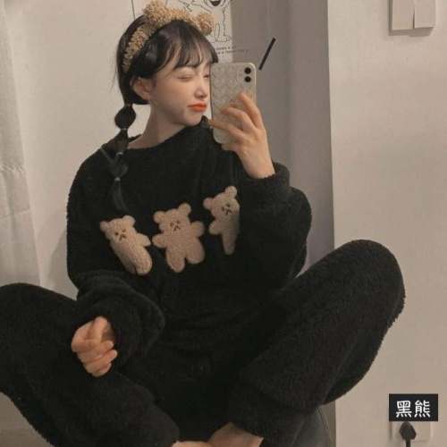 卡通厚絨珊瑚絨兩件套睡褲＋睡衣