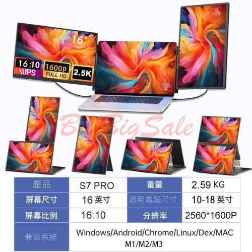 16吋三螢幕 S7 PRO/2.5K ←筆電擴充屏 三屏 三螢幕 便捷折疊顯示器 拓展電腦分屏 副屏 LCD免驅動軟體
