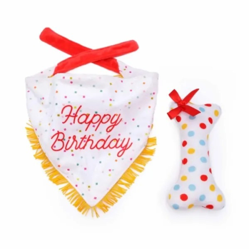 美國 ZippyPaws Birthday Bandana & Bone 寵物生日領巾+骨頭啾啾玩具組