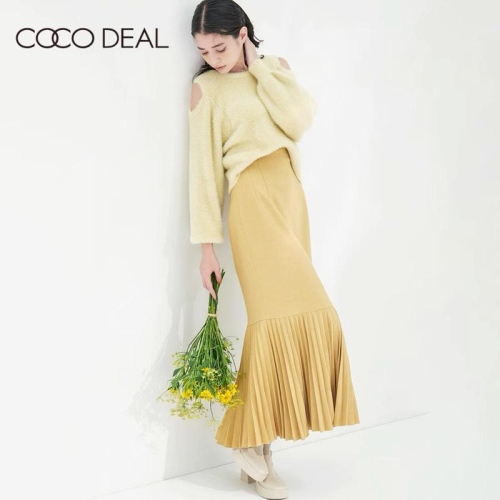 現貨 Cocodeal 典雅仿麻質感百褶拼接修身魚尾裙 黃2號