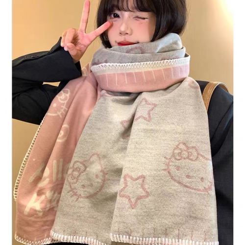 正品 三麗鷗Hello Kitty雙面圍巾 冬季韓系高級感加厚保暖防寒圍脖披肩 圍巾?
