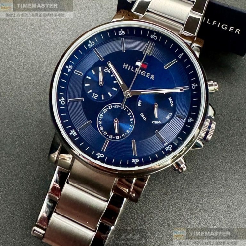 TommyHilfiger:手錶,型號:TH00049,男錶44mm銀錶殼寶藍色錶面精鋼錶帶款