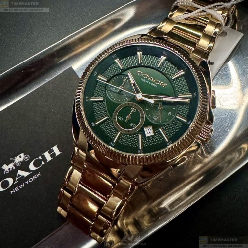 COACH手錶,編號CH00215,44mm金色圓形精鋼錶殼,墨綠色三眼, 中三針顯示錶面,金色精鋼錶帶款