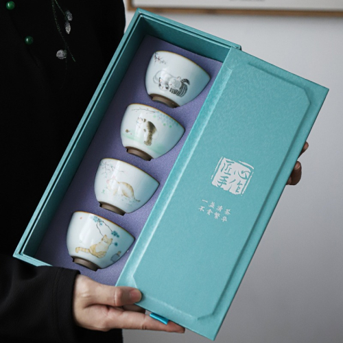貓咪汝窯功夫茶杯禮盒套裝陶瓷品茗杯單杯日式家用主人杯汝瓷茶盞