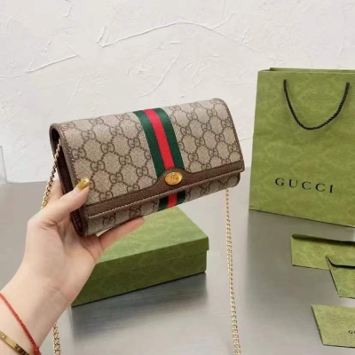 二手99新GUCCI/古馳 經典Ophidia系列女士米色帆布GG鏈條錢包