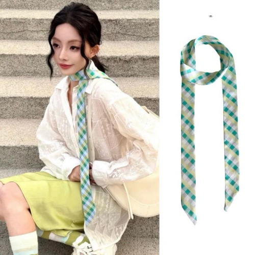 ??????｜隔日到貨｜綠色格子絲巾春夏新款時尚百搭領巾系脖圍巾頭飾女