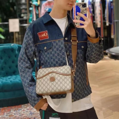 二手99新GUCCI/古馳秋冬新款 Retro系列GG帆布拼皮郵差包斜挎包