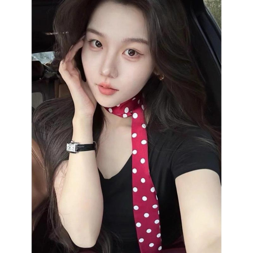 ??????｜復古紅色波點小長條絲巾圍巾港風時尚百搭洋氣長款發帶秋冬新款女
