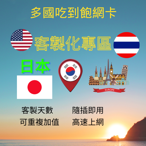全球網卡客製化加購專區 亞洲 歐美 非洲 東南亞 日本 韓國 泰國 紐澳 美加墨 歐洲 4G網卡 吃到飽不降速