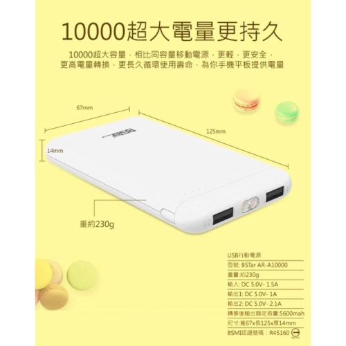 AR-A10000行動電源(白) NICE系列 移動式電源 10000mAh LED電量 高品質電芯 貝仕達