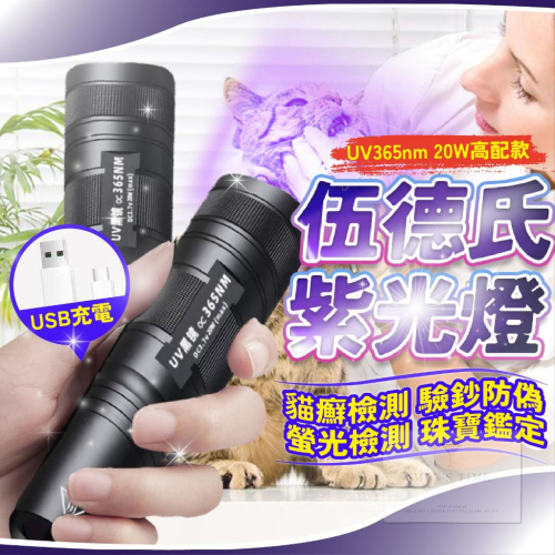 【台灣現貨⚜️驗鈔貓蘚檢測 20W高配充電款】伍德氏燈 紫外線燈 365nm 紫外線手電筒 20W 驗鈔燈 UV手電筒
