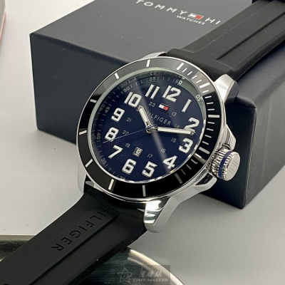 TommyHilfiger:手錶,型號:TH00043,男女通用錶48mm黑銀色錶殼寶藍色錶面矽膠錶帶款