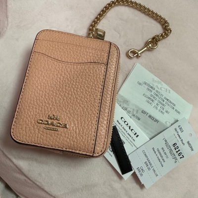 全新??COACH 荔枝紋牛皮金字立體logo鏈條鑰匙圈卡夾零錢包