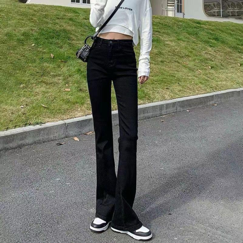 ????｜現貨♡高腰彈力顯瘦黑色微喇叭牛仔褲