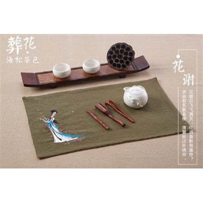 中式刺繡復古禪意功夫茶席麻布餐墊手工桌旗茶道棉麻亞麻布藝手繪
