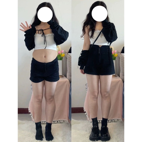 #棉花糖女孩 S-5XL V口顯瘦設計A字牛仔短褲