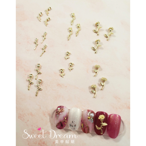 【美甲飾品】淺金玫瑰合金飾品。造型玫瑰鑽。玫瑰指甲飾品。花朵美甲飾品。玫瑰立鑽。玫瑰金屬飾品。指甲玫瑰