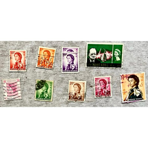 香港郵票英國女王伊莉莎白二世：1973年一角、二角五分、五角、1954伍角、1962戎裝像、1966年邱吉爾首相與女皇