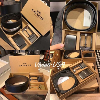 vivian美國代購✨正品 coach 男士皮帶禮盒套裝 雙釦腰帶 男生真皮腰帶