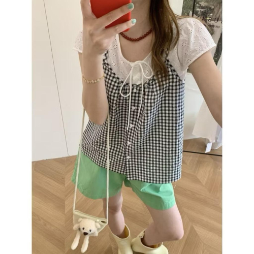 ????｜黑色格子假兩件拼接設計款♡現貨