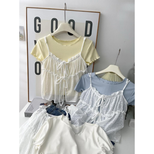 ????｜現貨♡設計感木耳邊綁帶蕾絲吊帶+短袖短款t恤兩件套5760