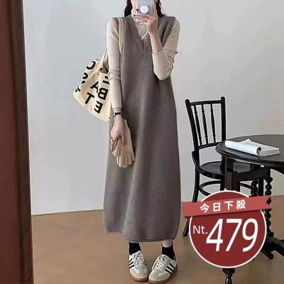 【台灣發貨】韓版長版V領針織背心 連身裙 吊帶裙 吊帶褲 女裝【S374】