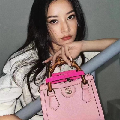 二手99新Gucci古馳女包粉色Diana竹節迷你托特包手提單肩包655661
