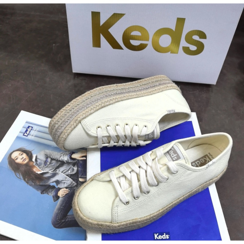 新款限量優惠Keds亞麻草編帆布鞋女厚底增高休閒運動板鞋百搭小白鞋