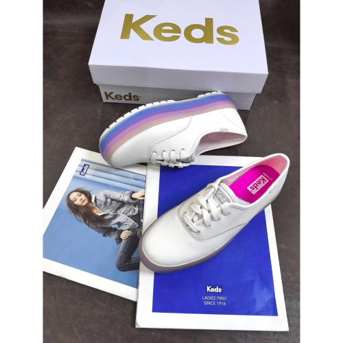 ￼新款限量優惠Keds皮面松糕女鞋彩虹底小白鞋舒适纯色百搭款春夏款休闲鞋