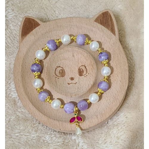 紫玉奶蓋(紫玉晶)手鍊，彈力手圍14.5~15.5公分(水晶設計款)