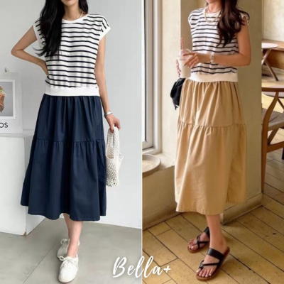 Bella+台灣現貨?夏季休閒度假風寬鬆拚色條紋假兩件連衣裙拼接洋裝簡約一件出門